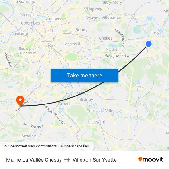 Marne-La-Vallée Chessy to Villebon-Sur-Yvette map
