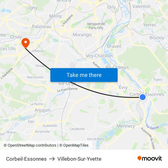 Corbeil-Essonnes to Villebon-Sur-Yvette map