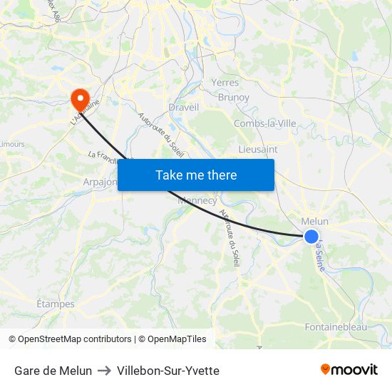 Gare de Melun to Villebon-Sur-Yvette map