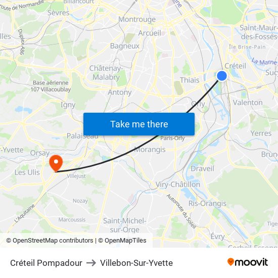 Créteil Pompadour to Villebon-Sur-Yvette map