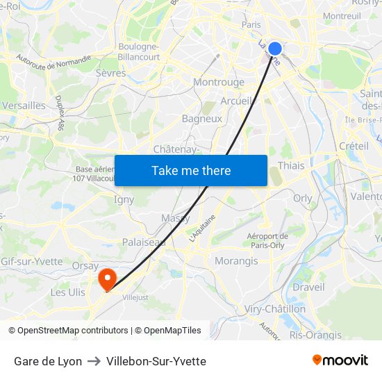 Gare de Lyon to Villebon-Sur-Yvette map