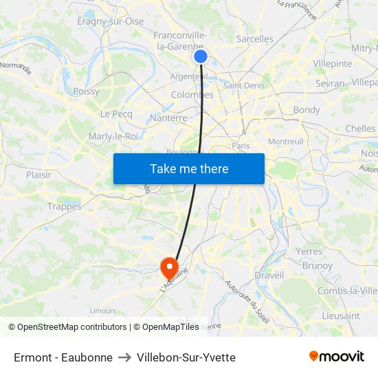 Ermont - Eaubonne to Villebon-Sur-Yvette map