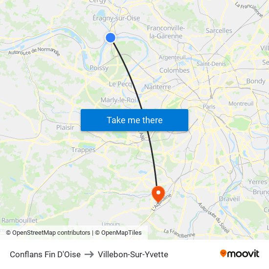 Conflans Fin D'Oise to Villebon-Sur-Yvette map