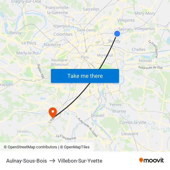 Aulnay-Sous-Bois to Villebon-Sur-Yvette map