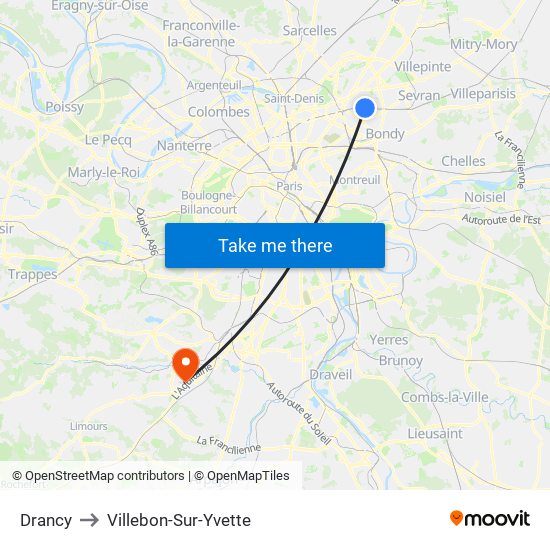 Drancy to Villebon-Sur-Yvette map