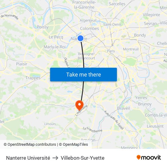 Nanterre Université to Villebon-Sur-Yvette map
