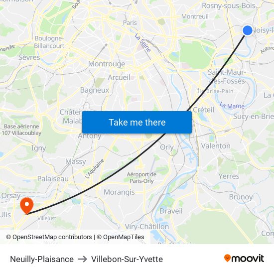 Neuilly-Plaisance to Villebon-Sur-Yvette map