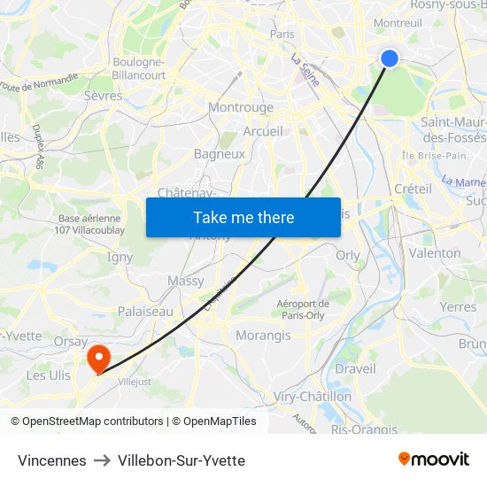 Vincennes to Villebon-Sur-Yvette map