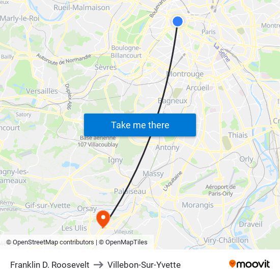 Franklin D. Roosevelt to Villebon-Sur-Yvette map