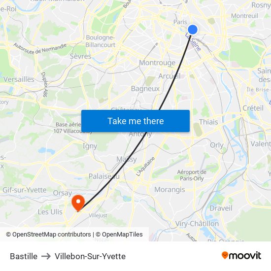 Bastille to Villebon-Sur-Yvette map