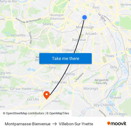 Montparnasse-Bienvenue to Villebon-Sur-Yvette map