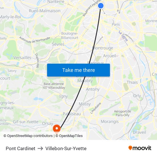 Pont Cardinet to Villebon-Sur-Yvette map