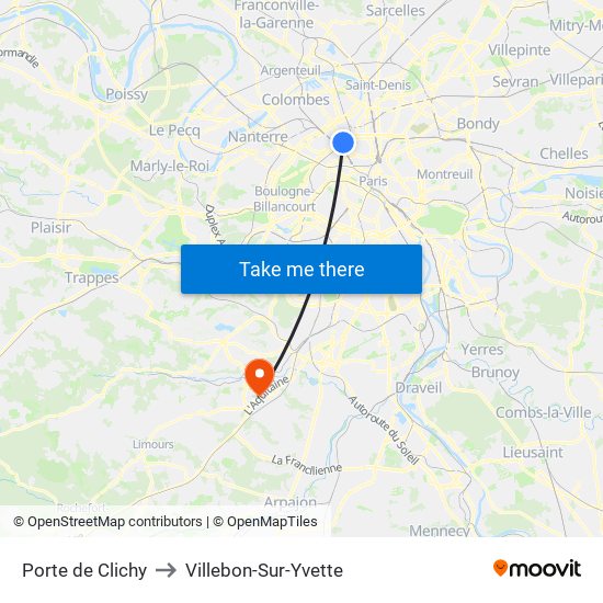 Porte de Clichy to Villebon-Sur-Yvette map