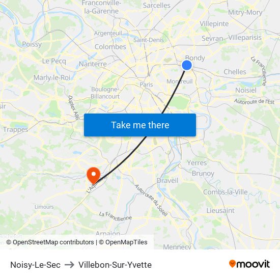 Noisy-Le-Sec to Villebon-Sur-Yvette map