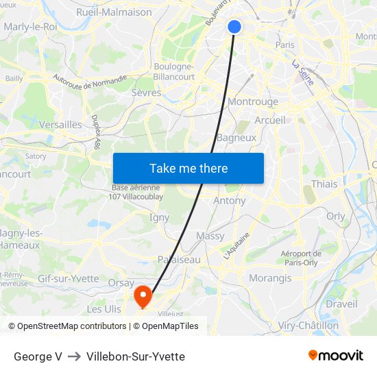 George V to Villebon-Sur-Yvette map