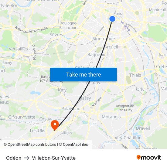 Odéon to Villebon-Sur-Yvette map