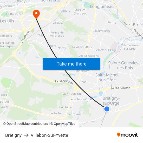 Brétigny to Villebon-Sur-Yvette map