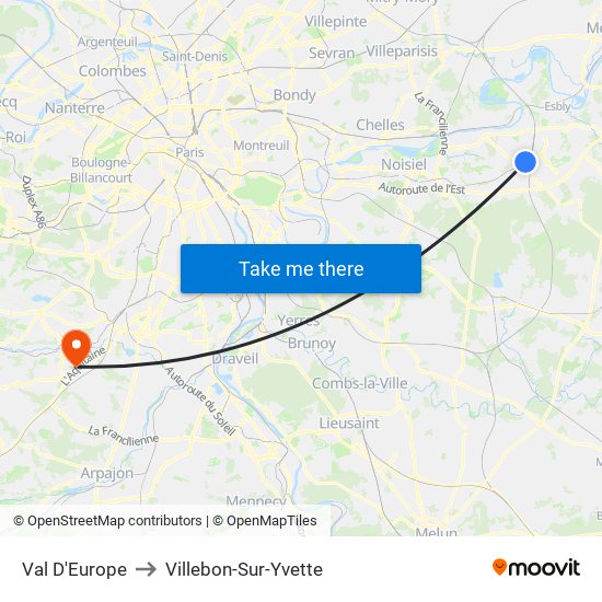 Val D'Europe to Villebon-Sur-Yvette map