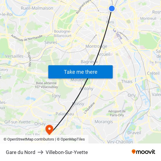 Gare du Nord to Villebon-Sur-Yvette map