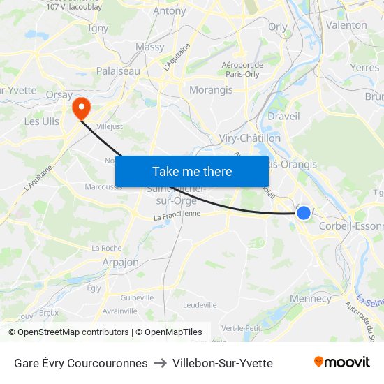 Gare Évry Courcouronnes to Villebon-Sur-Yvette map