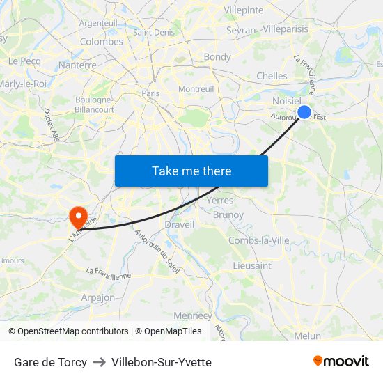 Gare de Torcy to Villebon-Sur-Yvette map