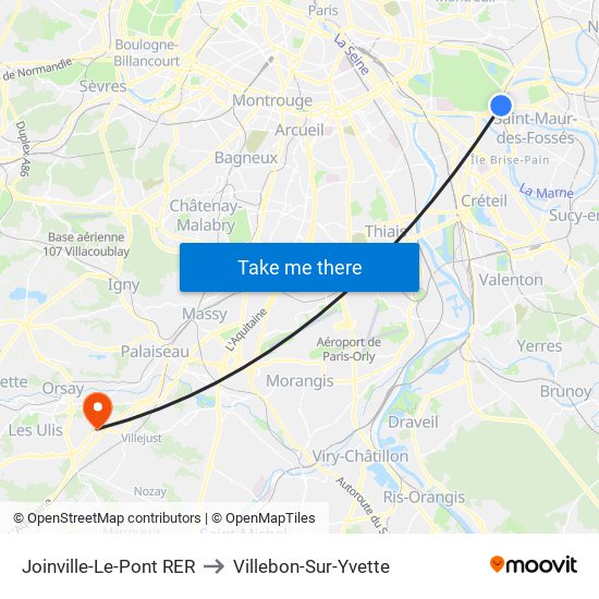 Joinville-Le-Pont RER to Villebon-Sur-Yvette map