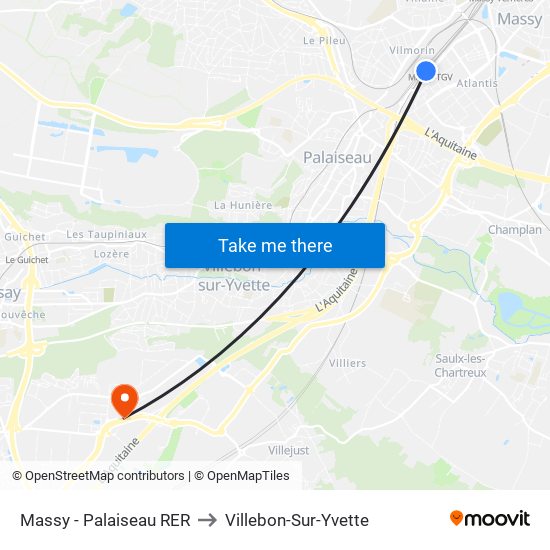 Massy - Palaiseau RER to Villebon-Sur-Yvette map