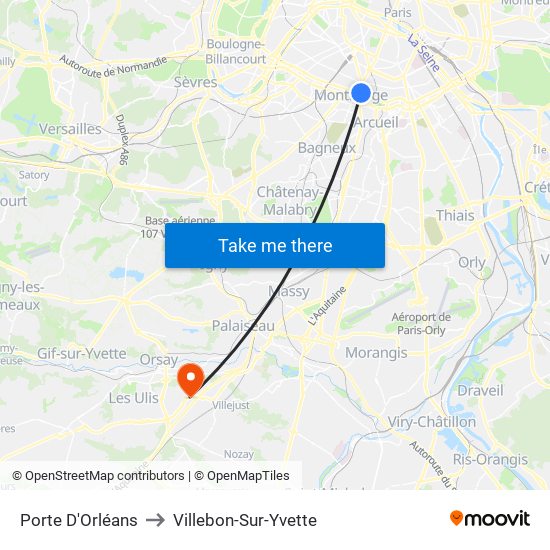 Porte D'Orléans to Villebon-Sur-Yvette map