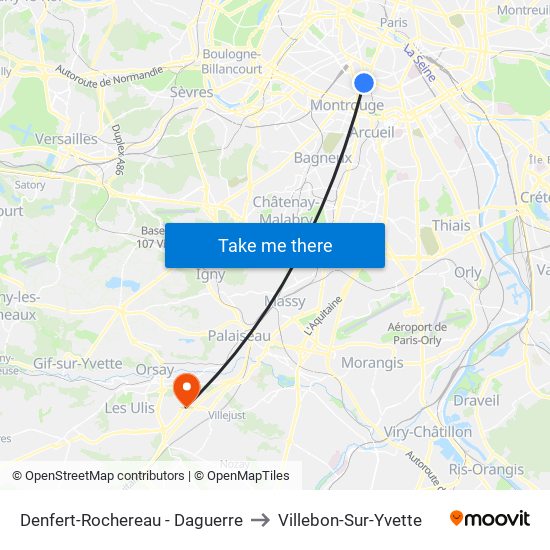 Denfert-Rochereau - Daguerre to Villebon-Sur-Yvette map