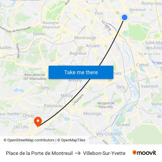 Place de la Porte de Montreuil to Villebon-Sur-Yvette map