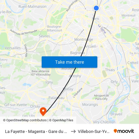 La Fayette - Magenta - Gare du Nord to Villebon-Sur-Yvette map