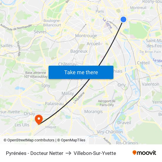 Pyrénées - Docteur Netter to Villebon-Sur-Yvette map