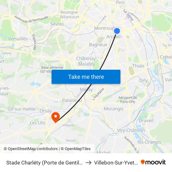 Stade Charléty (Porte de Gentilly) to Villebon-Sur-Yvette map