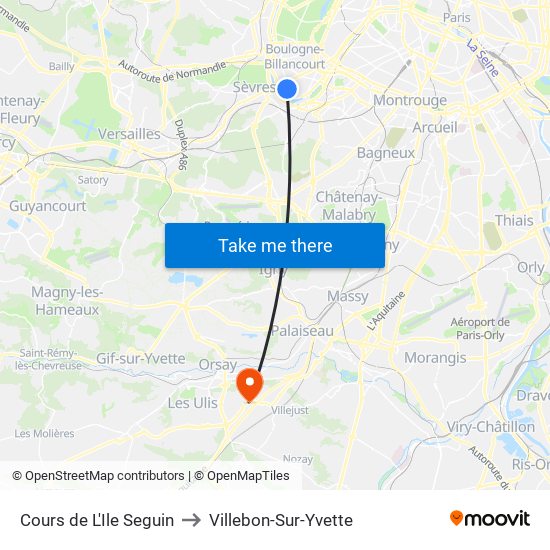 Cours de L'Ile Seguin to Villebon-Sur-Yvette map