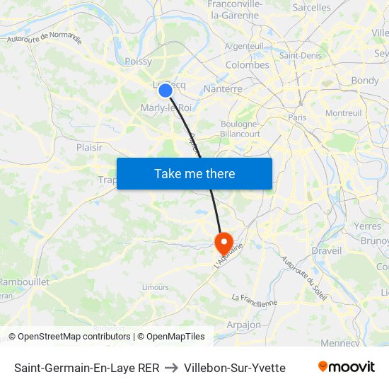 Saint-Germain-En-Laye RER to Villebon-Sur-Yvette map