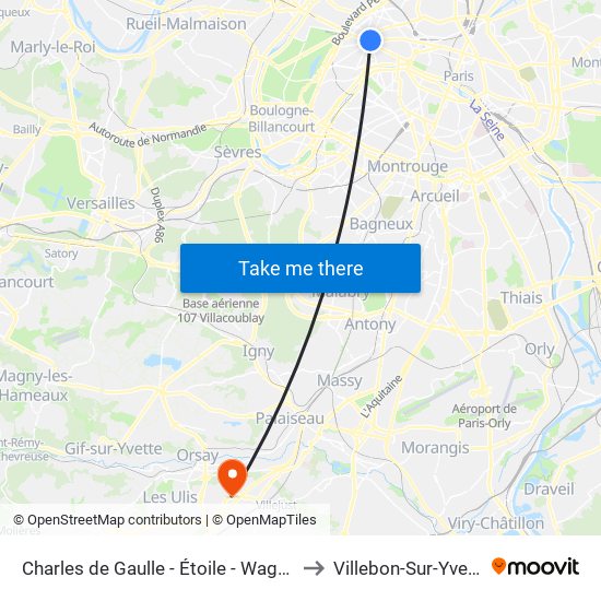Charles de Gaulle - Étoile - Wagram to Villebon-Sur-Yvette map