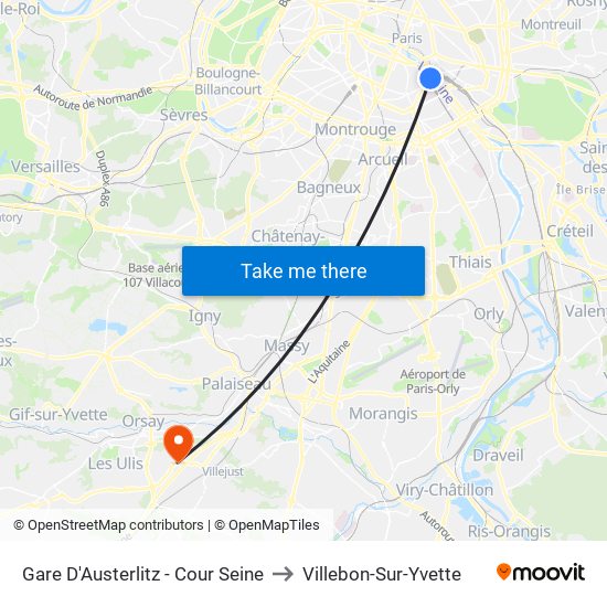 Gare D'Austerlitz - Cour Seine to Villebon-Sur-Yvette map