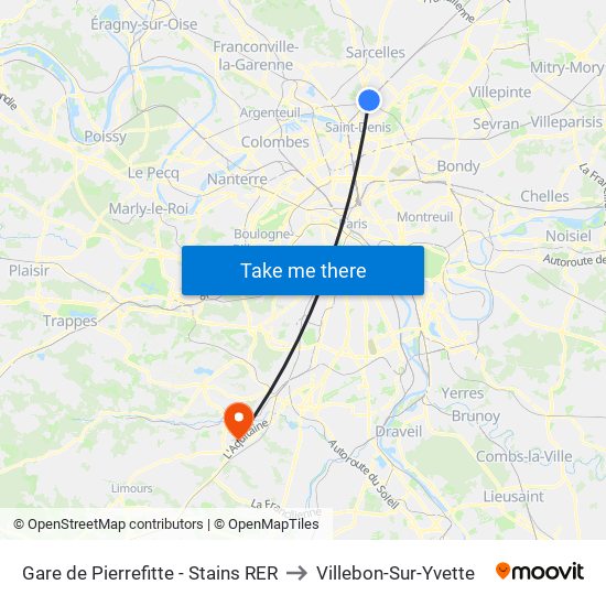 Gare de Pierrefitte - Stains RER to Villebon-Sur-Yvette map