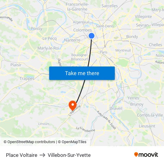 Place Voltaire to Villebon-Sur-Yvette map