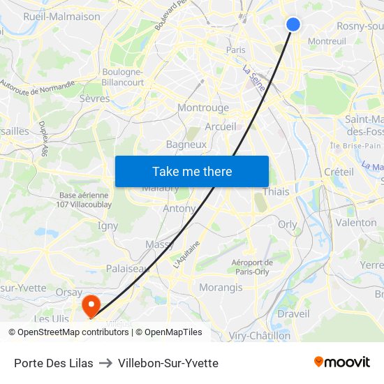 Porte Des Lilas to Villebon-Sur-Yvette map