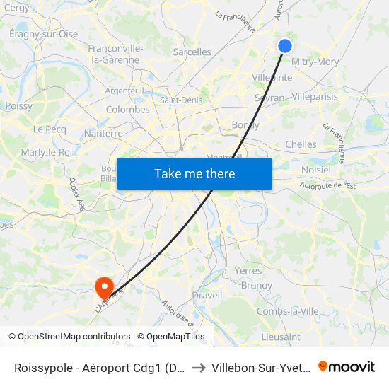 Roissypole - Aéroport Cdg1 (D1) to Villebon-Sur-Yvette map