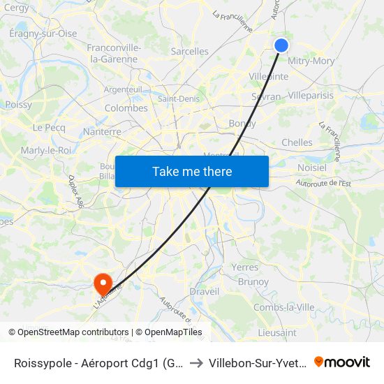 Roissypole - Aéroport Cdg1 (G1) to Villebon-Sur-Yvette map