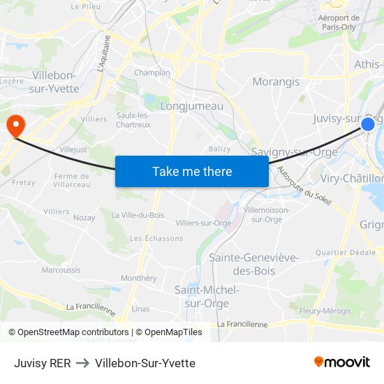 Juvisy RER to Villebon-Sur-Yvette map