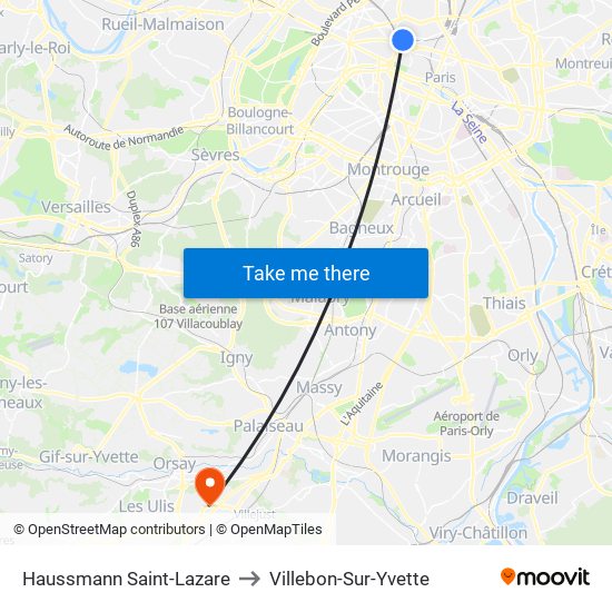 Haussmann Saint-Lazare to Villebon-Sur-Yvette map