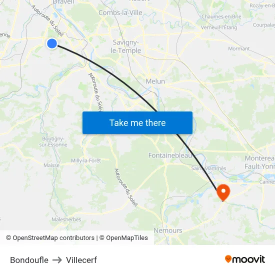 Bondoufle to Villecerf map