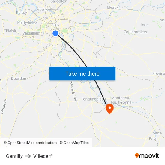 Gentilly to Villecerf map