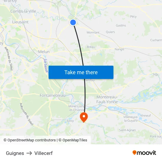 Guignes to Villecerf map