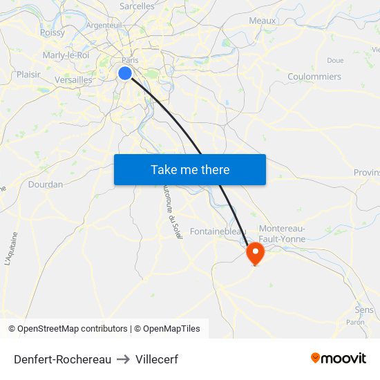 Denfert-Rochereau to Villecerf map