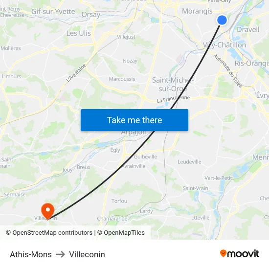 Athis-Mons to Villeconin map