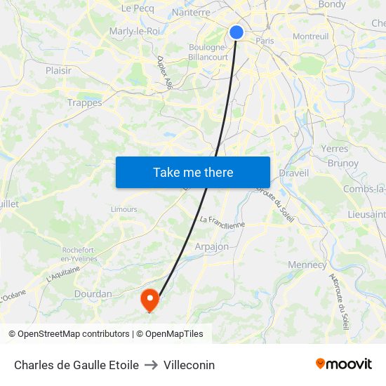 Charles de Gaulle Etoile to Villeconin map